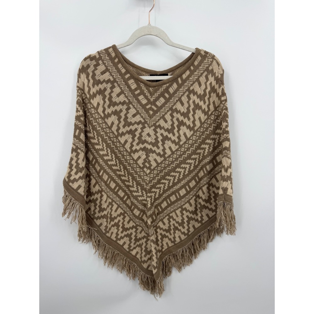 Style & Co Geometric Knit Poncho Women L/XL Tan Fringe Boho Cotton Sweater